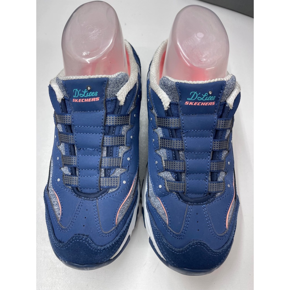Skechers DLites Bright Sky Navy Pink Leather Mule Sneaker Sz 8